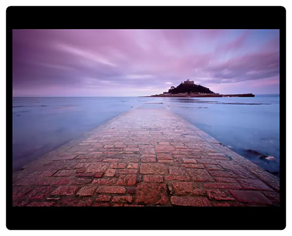 Scenic view of St Michaels Mount from the causeway, in early morning light, Marazion
