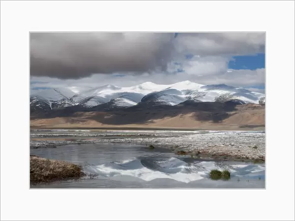 Reflection of mountain range, in Tso Kar lake, Ladakh, India, June 2010