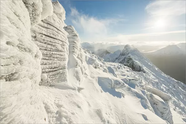 Rime ice forms on Torridonian Sandstone that forms An Teallach. Ullapool, Highlands of Scotland