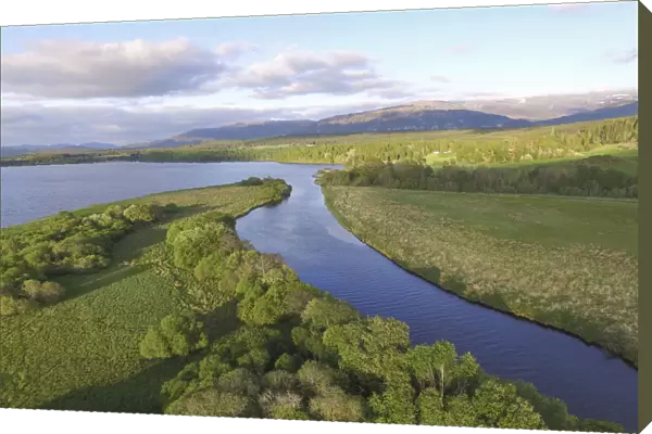 Aerial view over Insh Marshes National Nature Reserve, Cairngorms National Park, Scotland