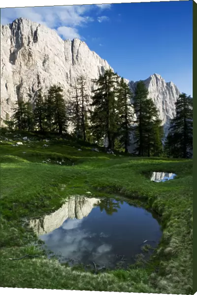 Mount Jalovec (2, 645m) with reflection in a small pool, viewed from Sleme, Triglav National Park
