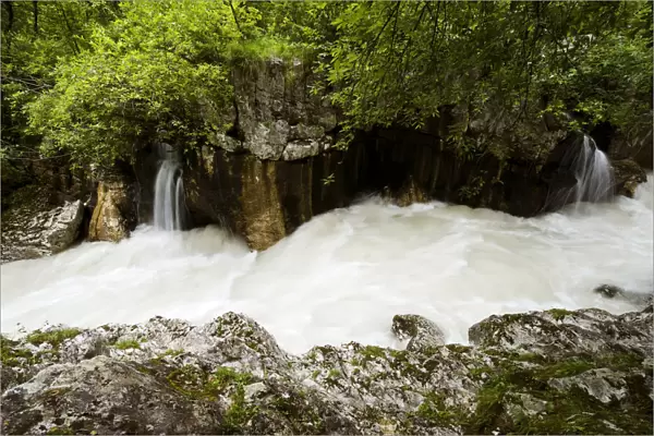 River Soca after heavy rain flowing through Velika korita, Triglav National Park