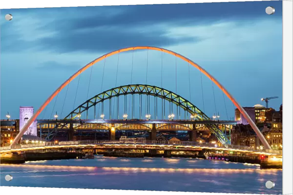 Millennium Bridge illuminated at dusk, River Tyne, Newcastle, Tyne and Wear, England