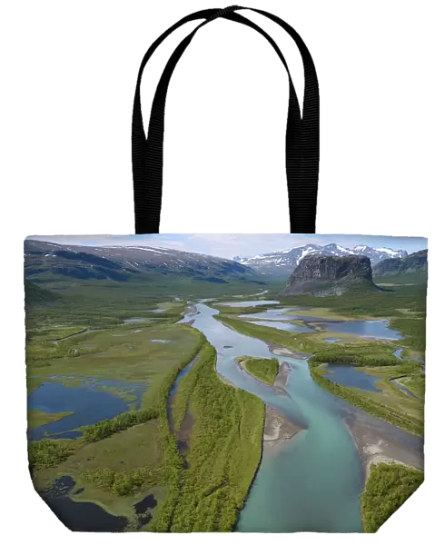 Aerial view of the Rapa river delta with distant mountains, Sarek National Park