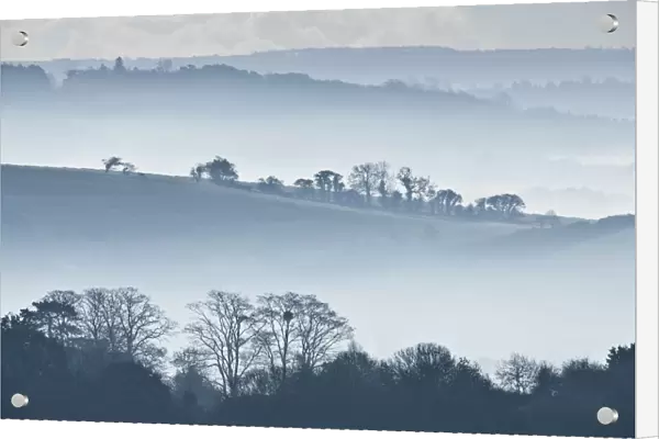 The view south from Walton Hill towards Somerton on a misty autumn morning, Somerset Levels