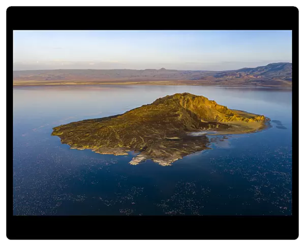 Aerial view of island and Lesser flamingo (Phoeniconaias minor) in lake Logipi
