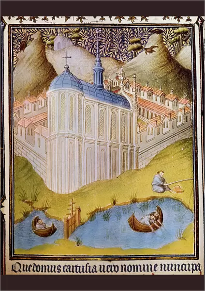 Carthusian monks netting and hooking fish in fishponds at Chartreuse, France, 15th century. Artist: Paul Limbourg