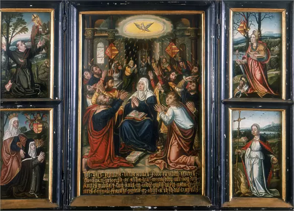 Triptych, with the central panel showing the Holy Spirit at Pentecost
