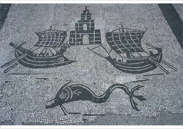 Roman mosaic of two ships, a light house, and a dolphin, 2nd century