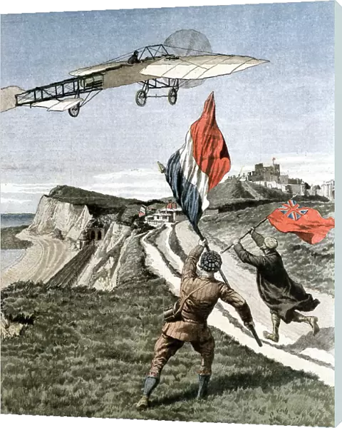 Louis Bleriot (1872-1936), French aviator, flying over the cliffs at Dover, 1909