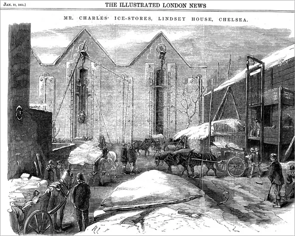 Storing ice in insulated sheds at Charless Ice Store, Chelsea, London, 1861