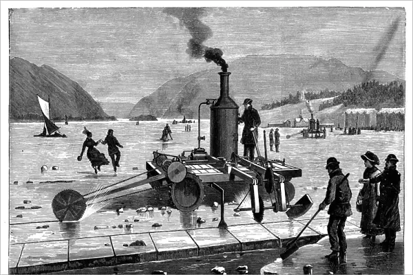Cutting ice on the St Lawrence river, Canada, using a steam-powered saw, 1894