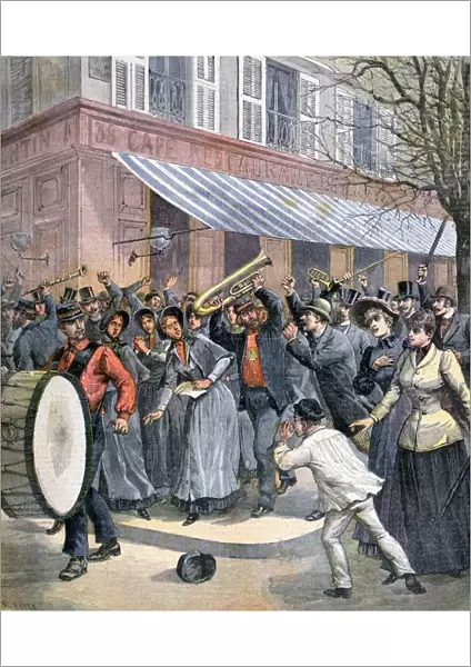 Salvation Army march led by a drummer being barracked by onlookers in Paris, 1892. Artist: Henri Meyer
