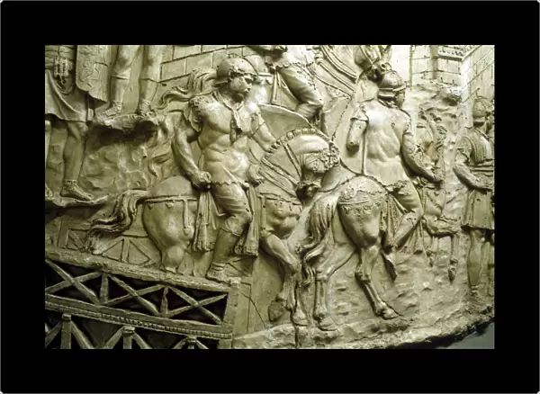 Roman cavalry crossing a wooden bridge, from Trajans column, Rome, 106-113