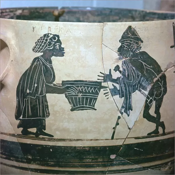Detail of a Greek vase showing Odysseus and Circe, 5th century BC