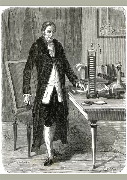 Alessandro Volta, Italian physicist, demonstrating his electric pile (battery), c1800 (c1870)