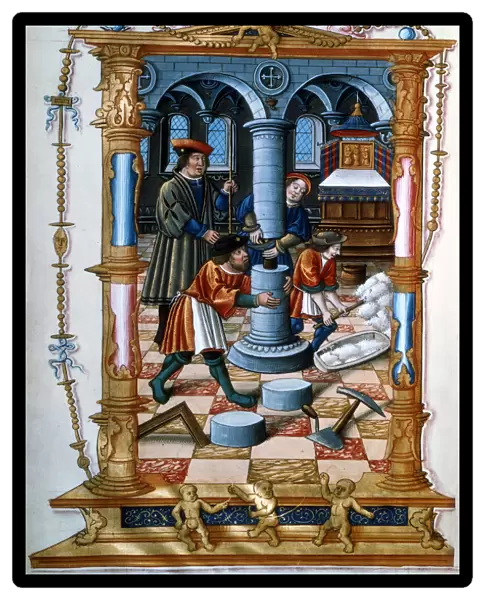 Masons building a pillar in a church, c1525