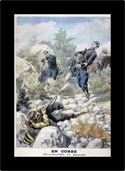A gun battle between a bandit and the gendarmerie, Corsica, 1898. Artist: F Meaulle