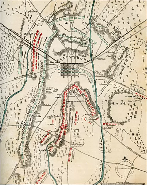 Map of the Battle of Gettysburg, Pennsylvania, 1-3 July 1863 (1862-1867). Artist: Charles Sholl