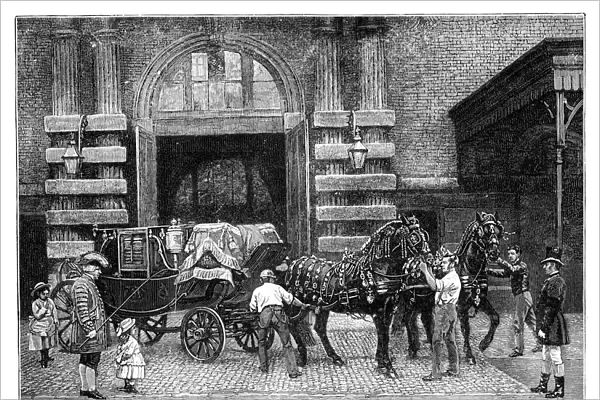 Harnessing the black horses at the Royal Mews, Buckingham Palace, London, c1888