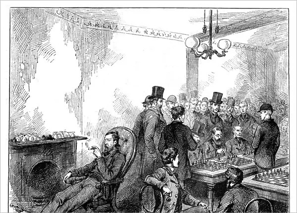 The annual blindfold entertainment at the city chess club, 1876