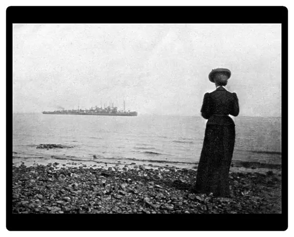 The Empress Maria Feodorovna looking at a Danish naval vessel off Hvidovre, Denmark, 1908. Artist: Queen Alexandra