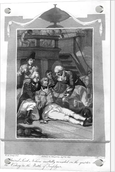 Admiral Nelson lying mortally wounded on the quarter deck of HMS Victory, 1816. Artist: I Brown