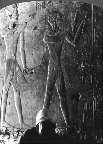Sethos I and his son Ramses II worshiping their ancestors, Abydos, Egypt, c1900. Artist: Underwood & Underwood