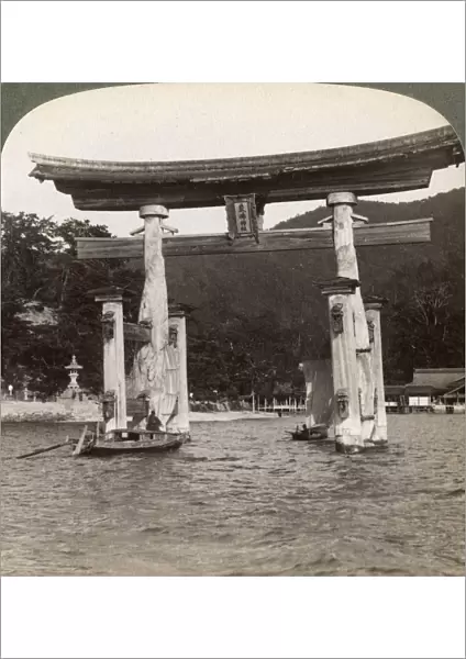 Sacred torii gate rising from the sea, Itsukushima Shrine, Miyajima Island, Japan, 1904. Artist: Underwood & Underwood