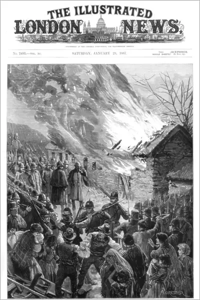 Burning the houses of evicted tenants at Glenbeigh, County Kerry, Ireland, 1887. Artist: A Forestier
