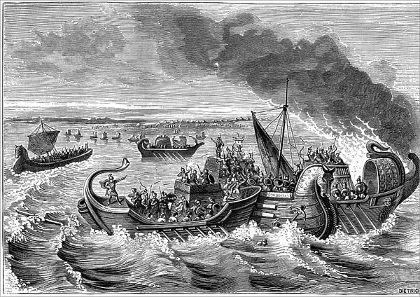 Combat between Roman and Veneti vessels, Loire river, 56 BC (1882-1884). Artist: Dietrich