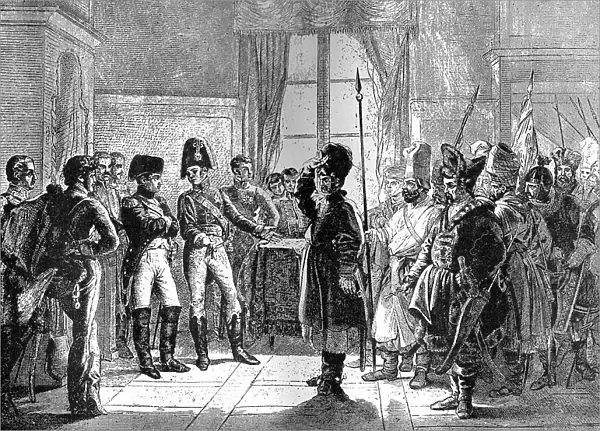 Tsar Alexander I presenting Russian troops to Napoleon, 8th July 1807 (1882-1884)