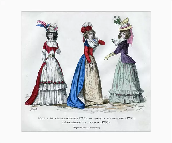 Circassian dress, 1796, English dress, 1789, and caraco housecoat, 1788 (1882-1884)
