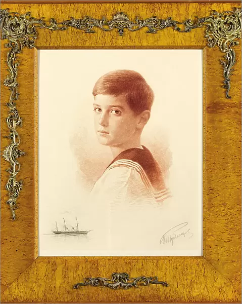 Portrait of the Successor to the throne Tsarevich Alexei Nikolaevich of Russia with a remarque depiction of the Imperial Yacht, 1913. Artist: Rundaltsov, Mikhail Viktorovich (1871-1935)