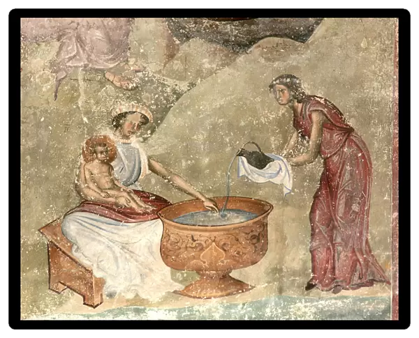 The washing of the child in the nativity scene, c. 1260-1270. Artist: Anonymous