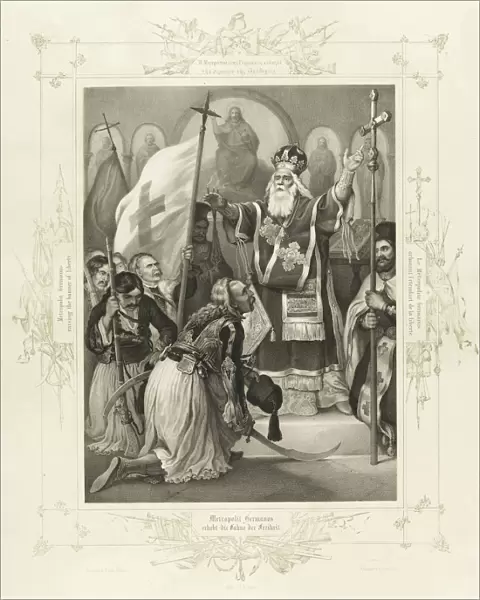 The Metropolitan Germanos raising the banner of freedom (From the Album of Greek Heroism), ca 1835. Artist: Hess, Peter von (1792?1871)