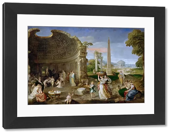 Landscape with antique ruins and bathing women