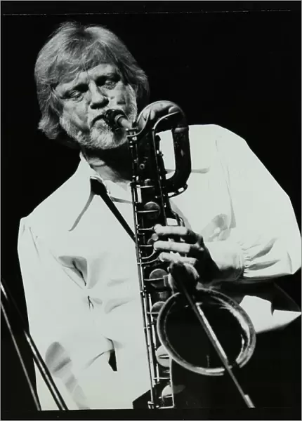 Saxophonist Gerry Mulligan playing at at the Forum Theatre, Hatfield, Hertfordshire