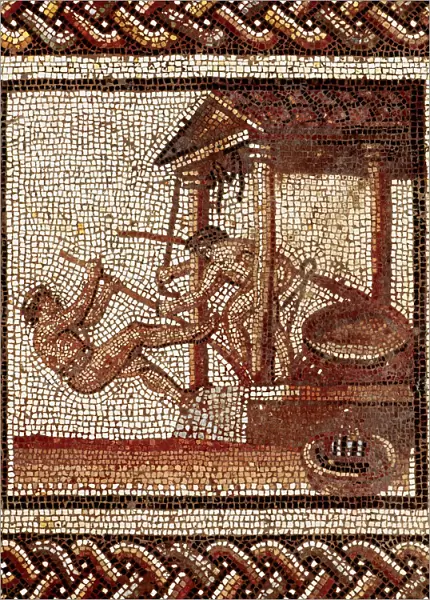 Pressing olives for oil extraction, Roman mosaic