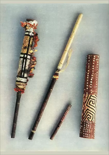 Drum and wind instruments of the tribe of Baniva Indians, Venezuela. 1948