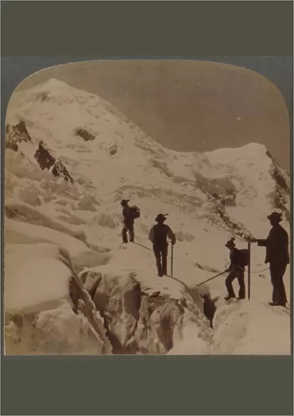 Ascent of Mt. Blanc - crossing Bossons Glacier - Grands Mulets in distance, Alps, 1901