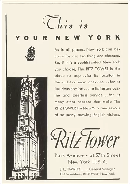 Advertisement for the Ritz Tower Hotel in New York, 1934. Creator: Unknown