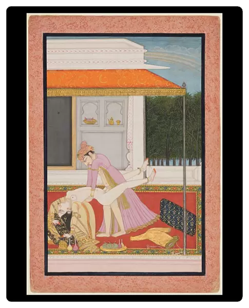 An amorous couple, probably Raja Mahendra Pal of Basohli (r. 1806- 1813) with a favorite