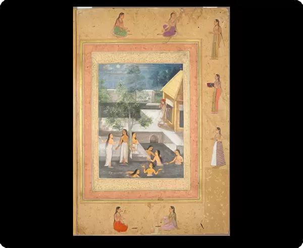 Harem Night-Bathing Scene (recto): Calligraphy Framed by an Ornamental Border... (verso), c