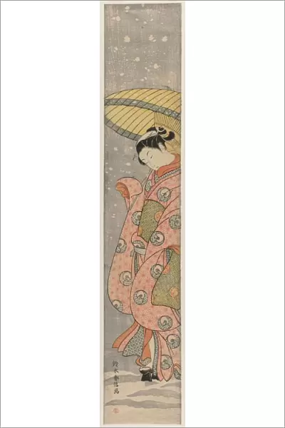 Young Woman Standing Under an Umbrella in the Snow, 1767-1768. Creator: Suzuki Harunobu (Japanese