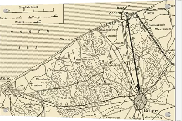 Map showing the Canal System connecting Zeebrugge and Ostend with Bruges... (c1920)