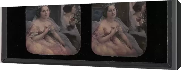 [Stereograph of a Woman Wearing a Tiara and Tulle and Lace Dress, Seated Before a Mirror]