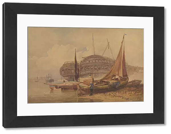 Coastal Scene with Beached Boats in Foreground, early-mid 19th century