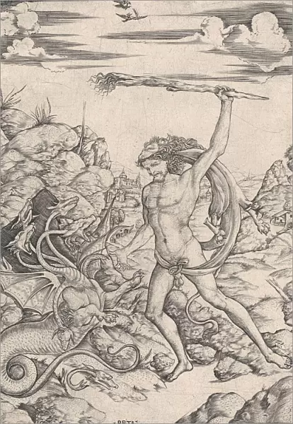 Hercules and the Hydra; wielding a torch he attacks the winged, multi-headed Hydr... ca