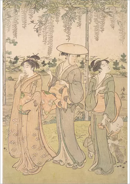 Three Women and a Small Boy beneath a Wisteria Arbor on the Bank of a Stream, ca. 1790
